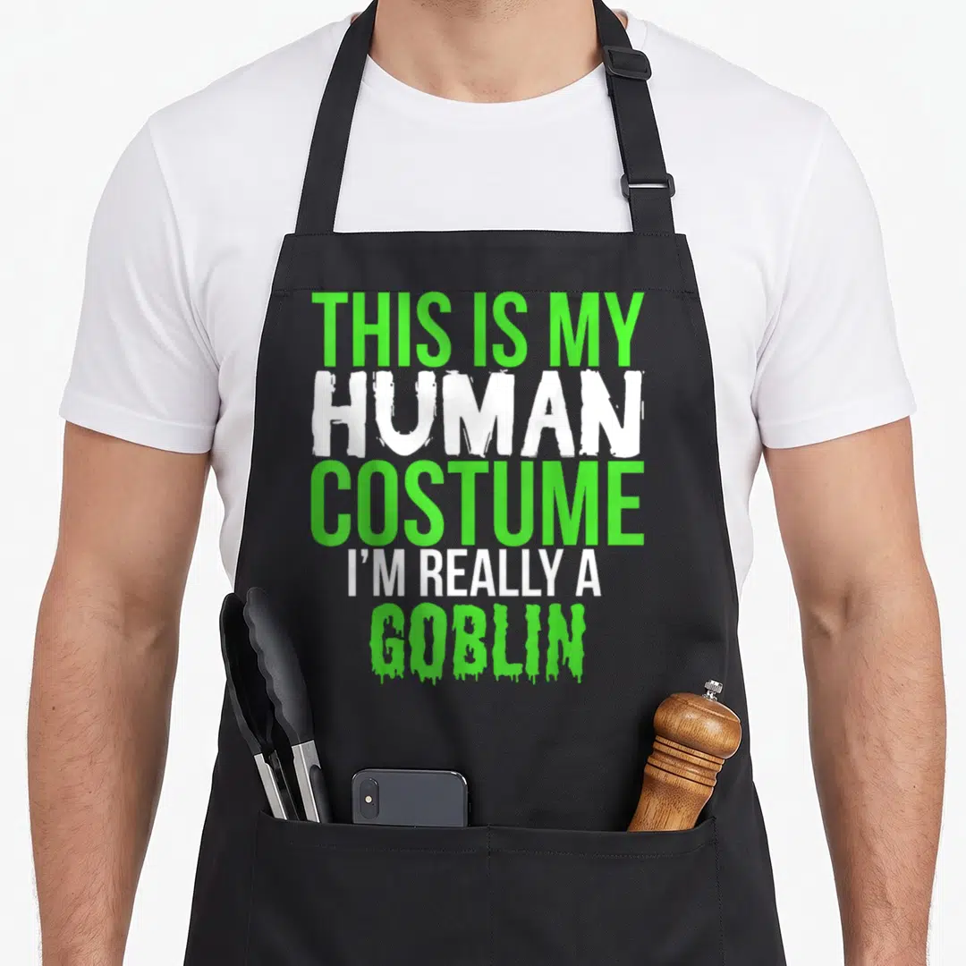 Human goblin apron - Green and white stacked text THIS IS MY HUMAN COSTUME I'M REALLY A GOBLIN with dripping GOBLIN font — shown on a black cotton canvas apron against a white background