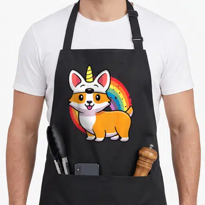 Unicorn corgi apron - Cartoon orange and white corgi with yellow horn standing before a red blue and purple rainbow — shown on a black cotton canvas apron against a white background