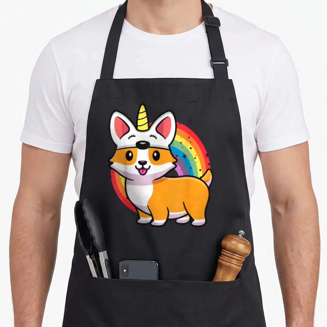 Unicorn corgi apron - Cartoon orange and white corgi with yellow horn standing before a red blue and purple rainbow — shown on a black cotton canvas apron against a white background