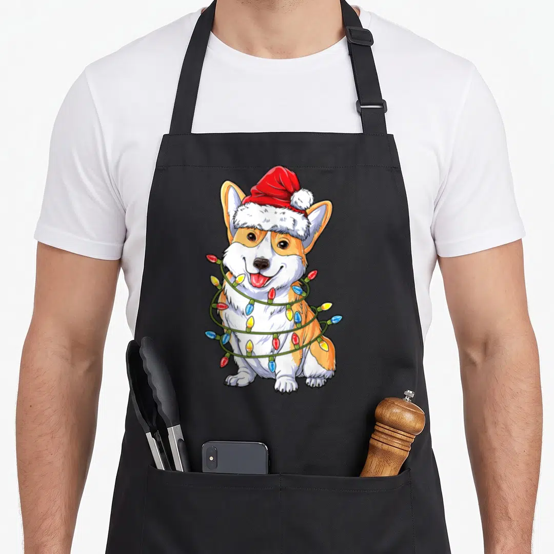 Corgi christmas tree apron - Cartoon corgi in red santa hat wrapped in multicolored christmas lights — shown on a black cotton canvas apron against a white background