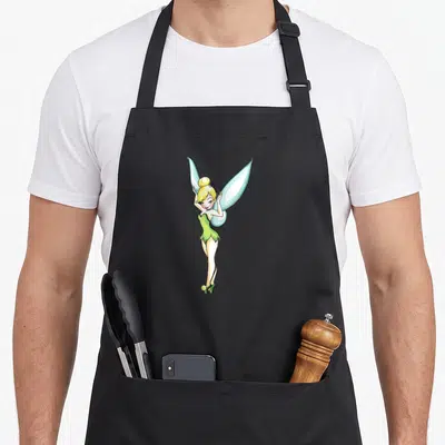 Pose bell apron - Cartoon fairy with blonde bun, green dress, light blue wings centered on grey background — shown on a black cotton canvas apron against a white background