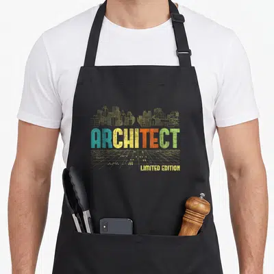 Limited building apron - Yellow cityscape above multicolored ARCHITECT text on perspective grid — shown on a black cotton canvas apron against a white background