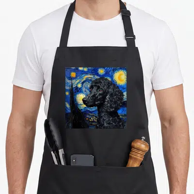 Poodle van gogh apron - Black poodle profile over blue swirling Starry Night background with yellow stars and cypress — shown on a black cotton canvas apron against a white background