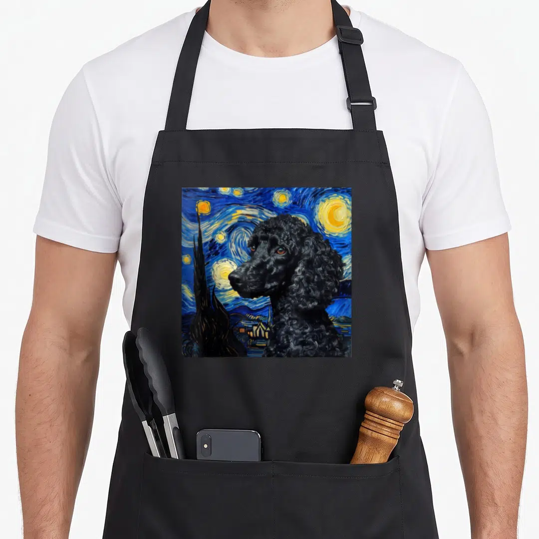 Poodle van gogh apron - Black poodle profile over blue swirling Starry Night background with yellow stars and cypress — shown on a black cotton canvas apron against a white background