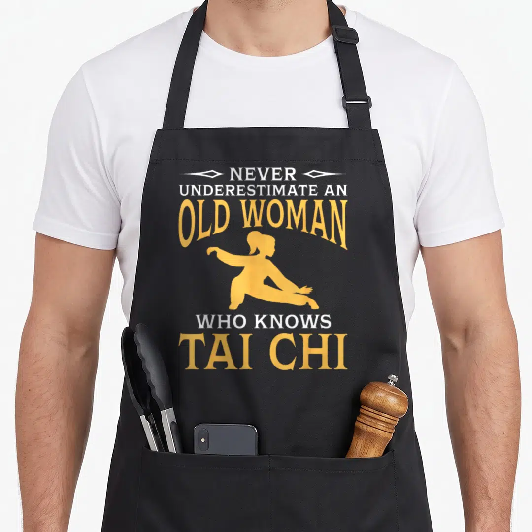 Underestimate chi apron - Yellow Tai Chi silhouette between white text reading Never Underestimate An Old Woman Who — shown on a black cotton canvas apron against a white background