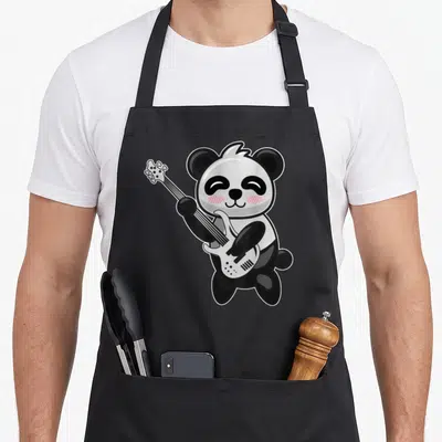 Bass bear apron - Cartoon panda standing playing electric guitar in black white and pink — shown on a black cotton canvas apron against a white background