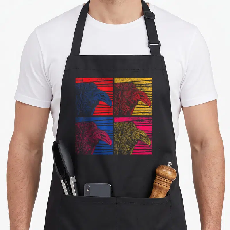 Pop vulture apron - Four vulture heads in red, yellow, blue, and pink arranged in a 2x2 grid with striped backgrounds — shown on a black cotton canvas apron against a white background