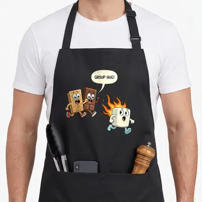 Family camping apron - Cartoon marshmallow on fire runs past graham cracker and chocolate bar with GROUP HUG speech — shown on a black cotton canvas apron against a white background