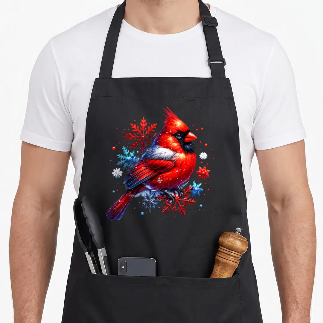 Snowflake the floral apron - Realistic red cardinal perched among red, blue, and white snowflakes with small berries — shown on a black cotton canvas apron against a white background