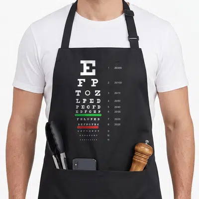 Snellen test kitchen apron - White eye chart letters with 20/20 fraction and green red bars on grey — shown on a black cotton canvas apron against a white background