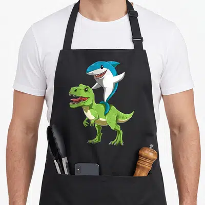 Jawsome dinosaur apron - Blue shark riding on back of green tyrannosaurus rex cartoon — shown on a black cotton canvas apron against a white background