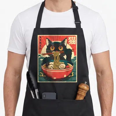 Cat anime kawaii aprons - Black cat eating noodles from red bowl with RAMEN text and Japanese characters — shown on a black cotton canvas apron against a white background
