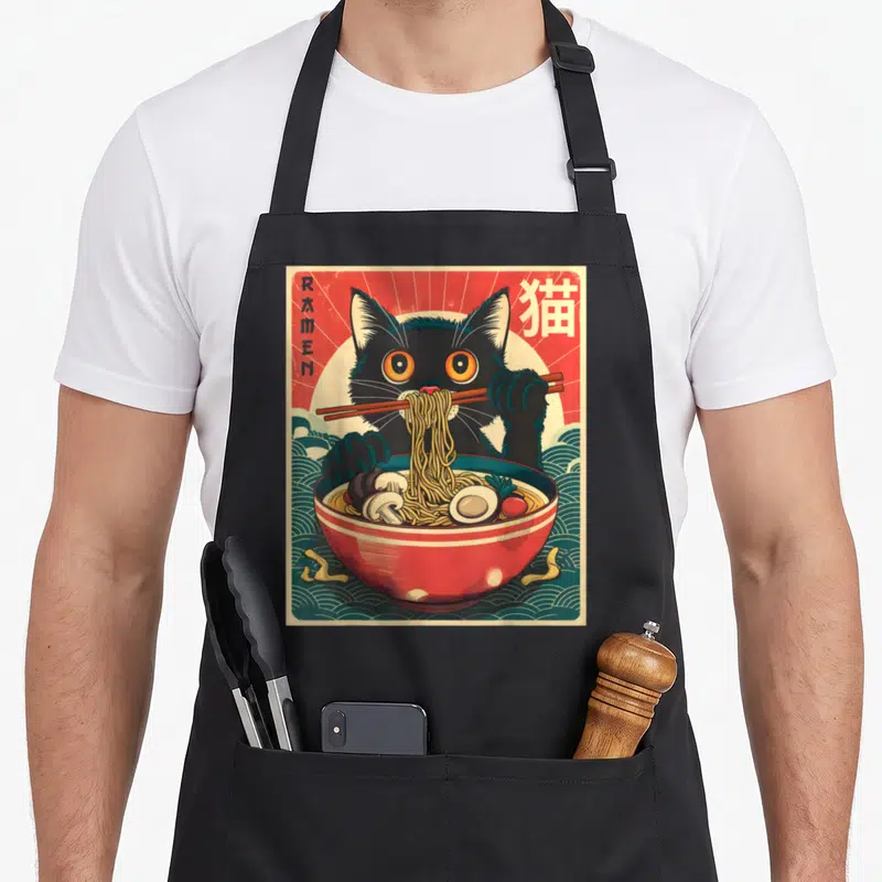 Cat anime kawaii aprons - Black cat eating noodles from red bowl with RAMEN text and Japanese characters — shown on a black cotton canvas apron against a white background