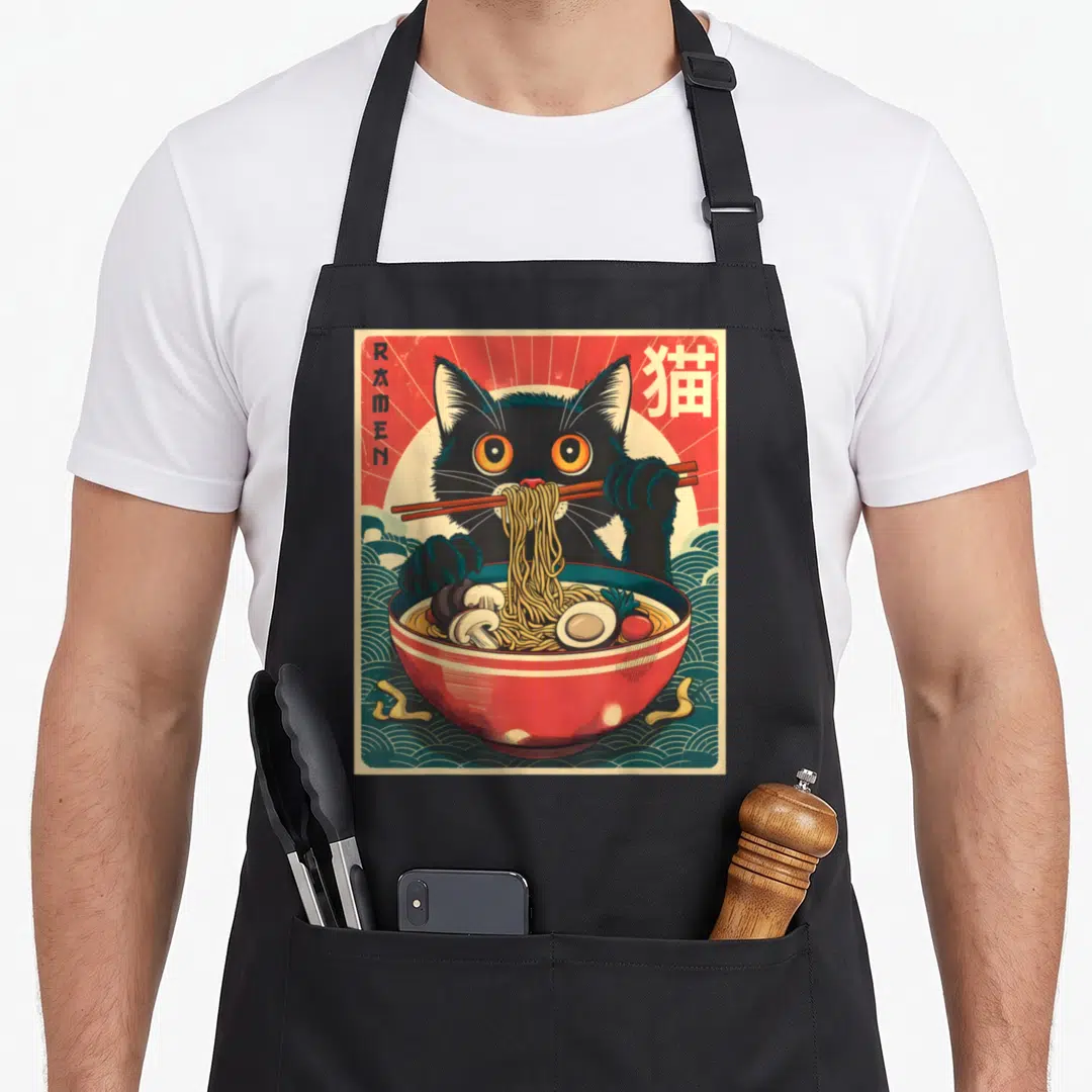 Cat anime kawaii aprons - Black cat eating noodles from red bowl with RAMEN text and Japanese characters — shown on a black cotton canvas apron against a white background