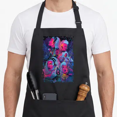 Storm distressed apron - Six colorful Storm portraits with lightning and starry background in purple blue pink white — shown on a black cotton canvas apron against a white background