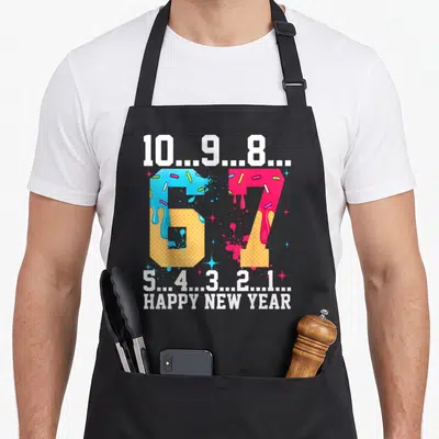 Six cheers years apron - Numbers 6 and 7 as waffles with dripping blue and pink frosting surrounded by a countdown — shown on a black cotton canvas apron against a white background