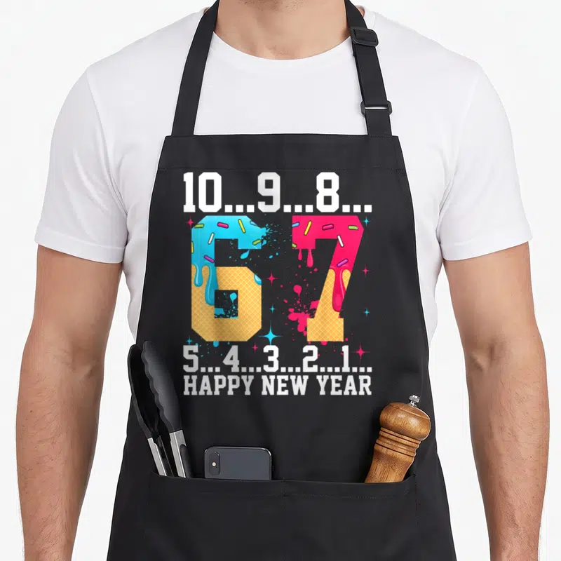 Six cheers years apron - Numbers 6 and 7 as waffles with dripping blue and pink frosting surrounded by a countdown — shown on a black cotton canvas apron against a white background