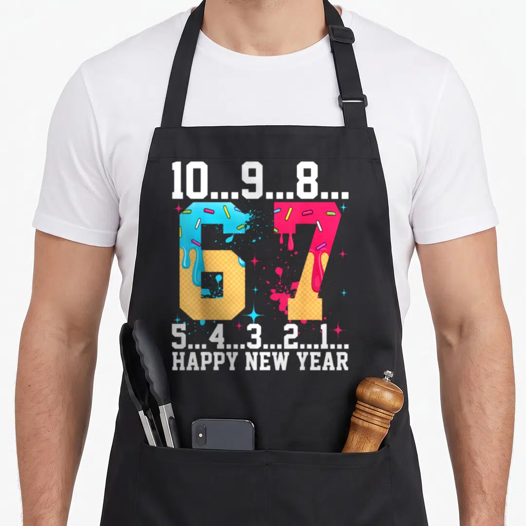 Six cheers years apron - Numbers 6 and 7 as waffles with dripping blue and pink frosting surrounded by a countdown — shown on a black cotton canvas apron against a white background