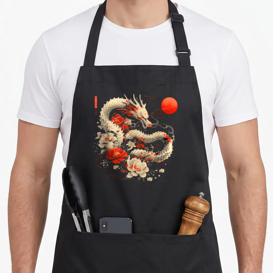 Cool chinese dragon apron - Coiled cream dragon with red flowers, red sun, and stylized clouds — shown on a black cotton canvas apron against a white background