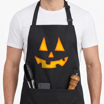 Pumpkin jack halloween apron - Orange minimalist jack-o-lantern face with triangular eyes and jagged mouth on grey — shown on a black cotton canvas apron against a white background