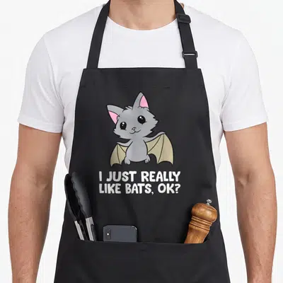 Okay bat apron - Cute grey cartoon bat with tan wings above stacked white text I Just Really Like Bats Ok — shown on a black cotton canvas apron against a white background