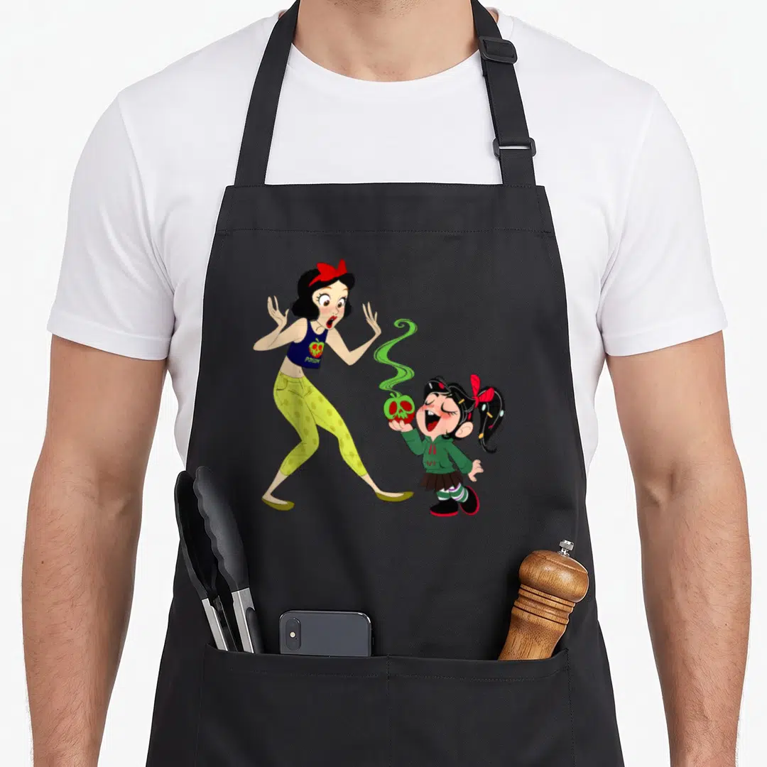 Ralph snow white apron - Cartoon woman looking at girl holding skull apple with green smoke and POISON text — shown on a black cotton canvas apron against a white background