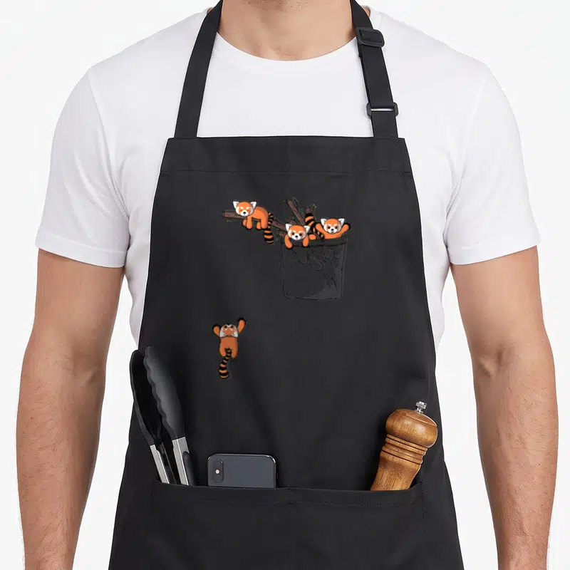 Playing bear apron - Four cartoon red pandas in orange and grey around a grey pocket with branches — shown on a black cotton canvas apron against a white background