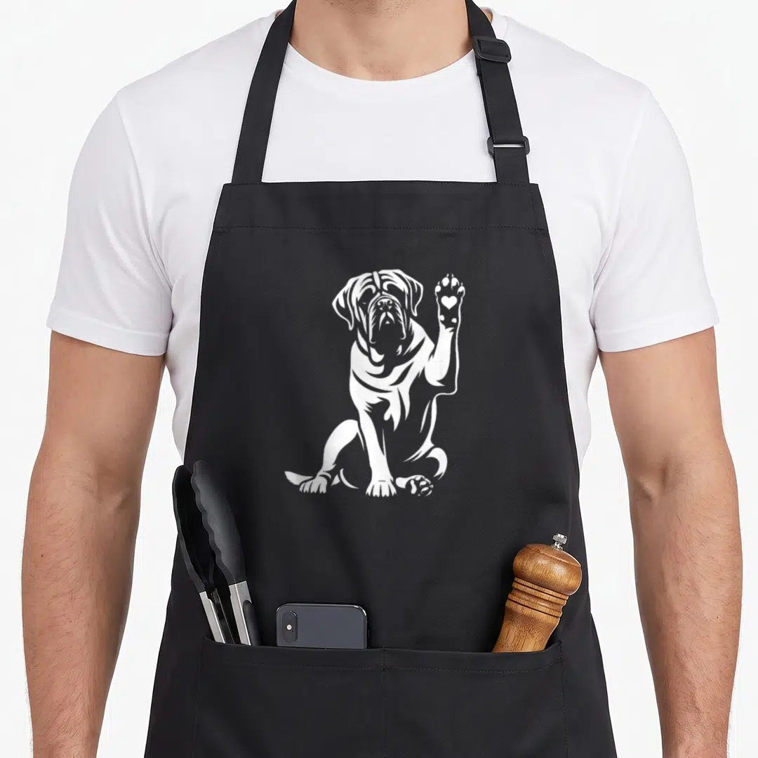 English mastiff dog apron - White silhouette of sitting dog with heart cutout in raised paw pad — shown on a black cotton canvas apron against a white background