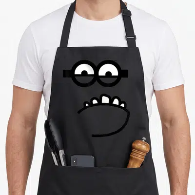 Evil face apron - Cartoon face with glasses and open mouth in black and white — shown on a black cotton canvas apron against a white background