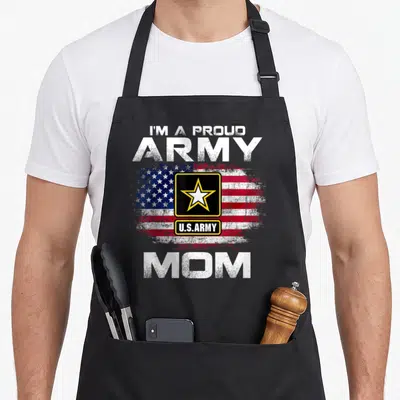 Army veteran american flag apron - Distressed US flag with star logo and I'M A PROUD ARMY MOM text in white, red, blue — shown on a black cotton canvas apron against a white background
