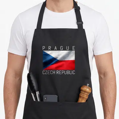 Prague czech girl apron - Flag of Czech Republic with PRAGUE and CZECH REPUBLIC text in white, red, and blue — shown on a black cotton canvas apron against a white background