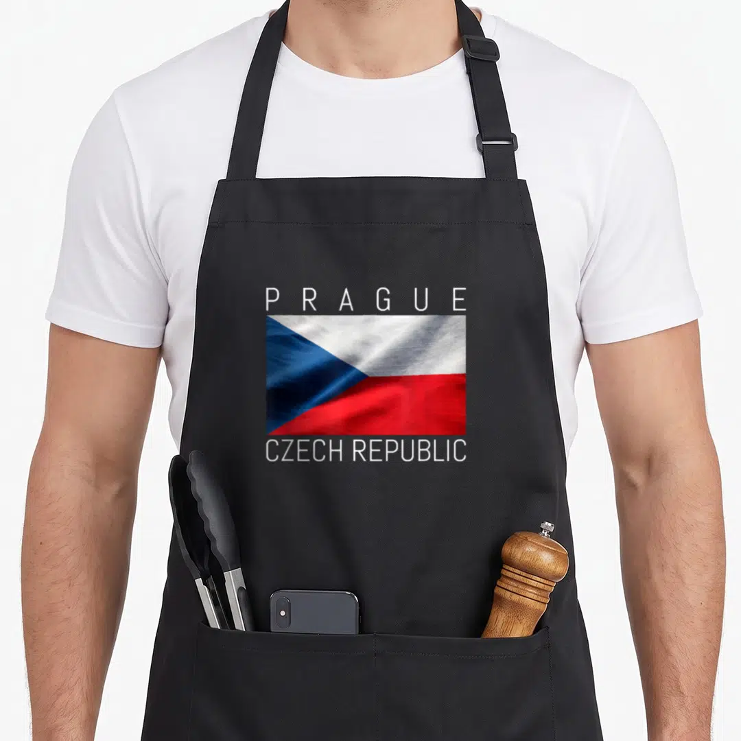 Prague czech girl apron - Flag of Czech Republic with PRAGUE and CZECH REPUBLIC text in white, red, and blue — shown on a black cotton canvas apron against a white background
