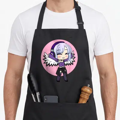 Chibi kawaii cooking apron - Chibi anime girl with purple headphones and white wings inside a pink circle — shown on a black cotton canvas apron against a white background