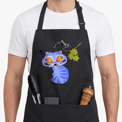 Derpy hunter apron - Blue cartoon cat with orange eyes, bird holding top hat, and question mark — shown on a black cotton canvas apron against a white background