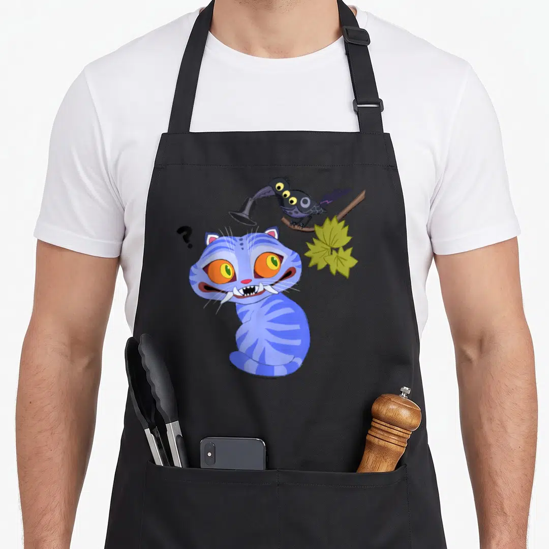 Derpy hunter apron - Blue cartoon cat with orange eyes, bird holding top hat, and question mark — shown on a black cotton canvas apron against a white background
