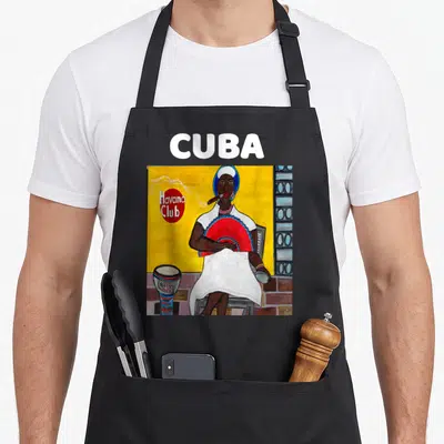 Havana cuba apron - Painting of a woman with a red fan and cigar under CUBA text — shown on a black cotton canvas apron against a white background