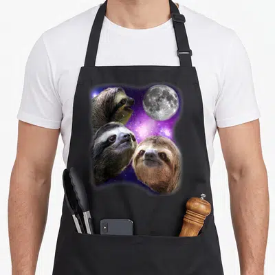 Three sloth apron - Three sloth heads against purple nebula and moon — shown on a black cotton canvas apron against a white background