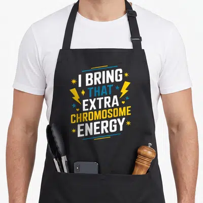 Bring an extra apron - Stacked text I BRING THAT EXTRA CHROMOSOME ENERGY with yellow lightning bolts and blue stars — shown on a black cotton canvas apron against a white background