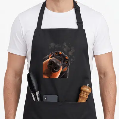 Curious coonhound dog apron - Realistic black tan and grey hound face with artistic paint splatters floating above — shown on a black cotton canvas apron against a white background