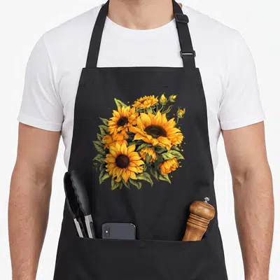 Positivity floral apron - Realistic sunflower cluster with buds and leaves in yellow, green, brown on black fabric — shown on a black cotton canvas apron against a white background