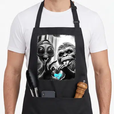 Lovefest bigfoot apron - Realistic alien and bigfoot forming a glowing blue heart with tongues out under a UFO — shown on a black cotton canvas apron against a white background