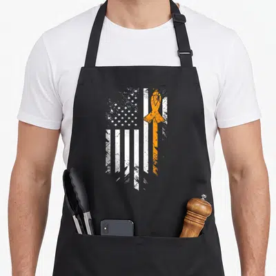 Funny multiple sclerosis awareness apron - Distressed white flag with orange awareness ribbon integrated into stripes — shown on a black cotton canvas apron against a white background