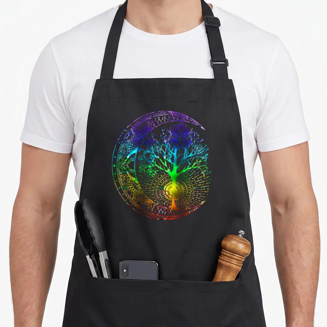 Mandala tree apron - Rainbow tree of life inside crescent mandala circle, line art purple blue green yellow orange red — shown on a black cotton canvas apron against a white background