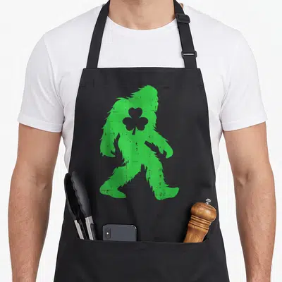 Bigfoot st patrick day aprons - Green bigfoot silhouette with shamrock cutout on chest panel — shown on a black cotton canvas apron against a white background