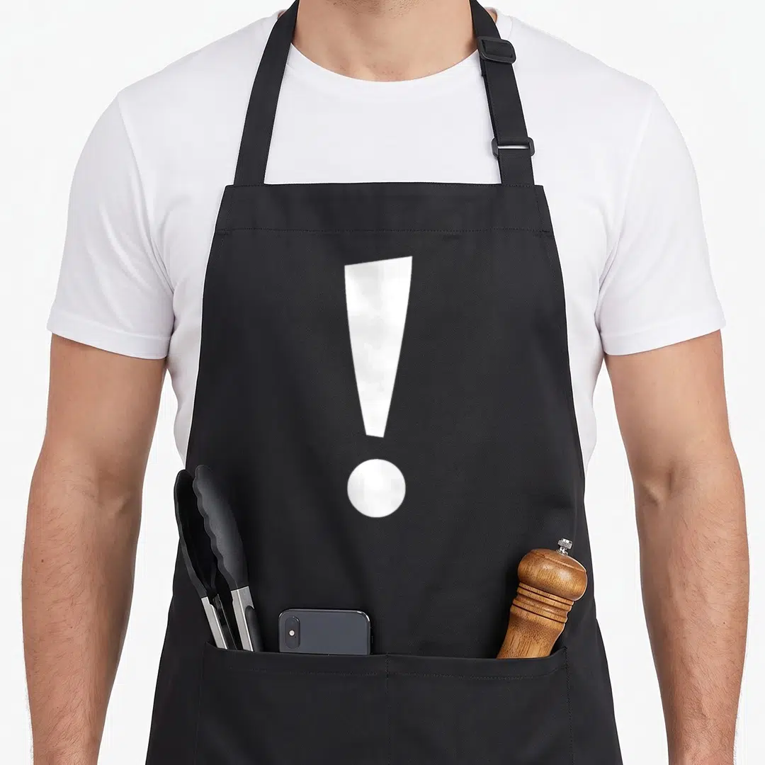 Alphabet markers apron - Single white exclamation mark centered on black bib apron — shown on a black cotton canvas apron against a white background