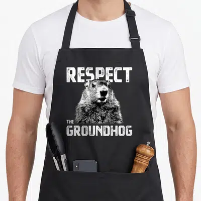 Respect hedge hog apron - Distressed white text reading Respect The Groundhog above a grey groundhog illustration — shown on a black cotton canvas apron against a white background