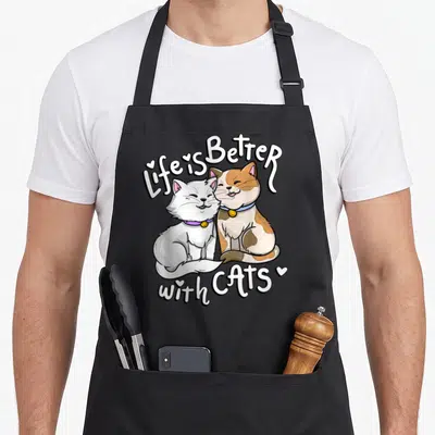Cat valentine's day apron - Two cartoon cats sitting together under Life is Better with Cats text with hearts — shown on a black cotton canvas apron against a white background