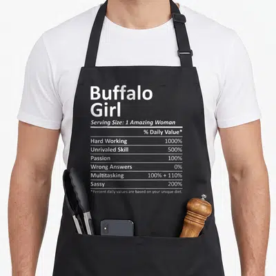 Buffalo new york apron - White nutrition label text listing Hard Working 1000% and Sassy 200% on grey background — shown on a black cotton canvas apron against a white background