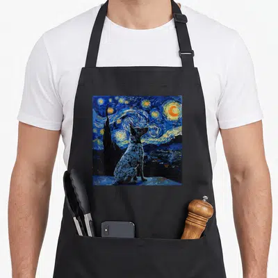 Starry dog kitchen apron - Blue heeler sitting in swirling blue night sky with yellow stars and cypress tree — shown on a black cotton canvas apron against a white background