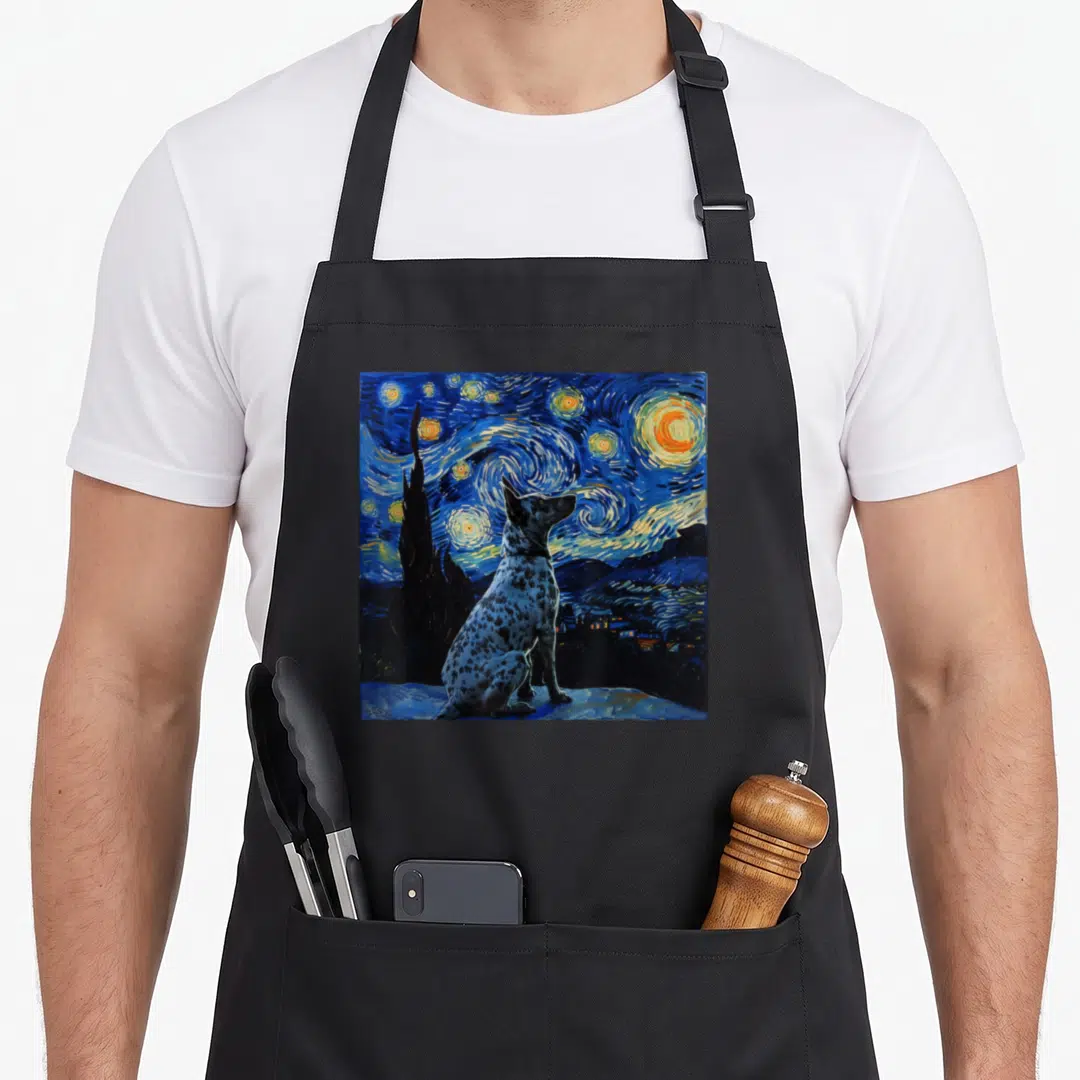 Starry dog kitchen apron - Blue heeler sitting in swirling blue night sky with yellow stars and cypress tree — shown on a black cotton canvas apron against a white background